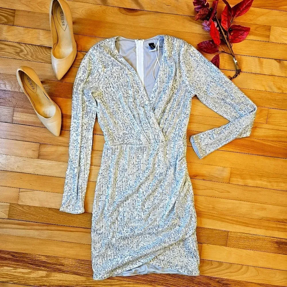 Windsor White and Silver Sequined Long Sleeve Dress
